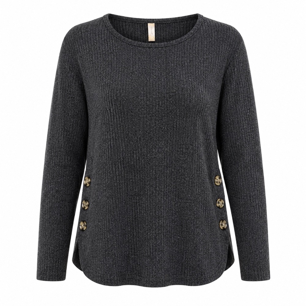 MISIA Top‎ Womens Ribbed Knit Side Button Large Charcoal Gray Casual Cozy